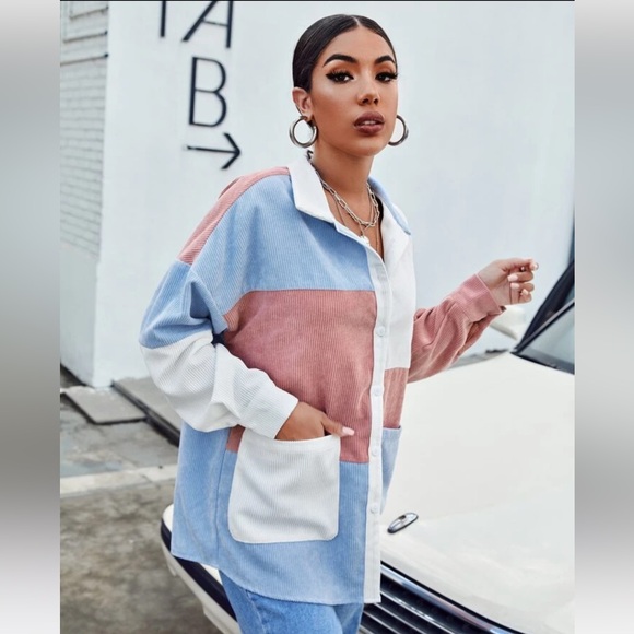 Red and Blue Colorblock Button Up/Shacket - Picture 4 of 10